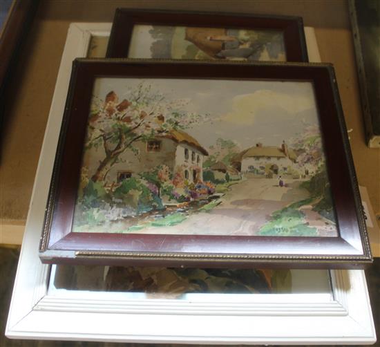 Harry Edmonds Crute, pair of watercolours of cottages and another of a coastal scene(-)